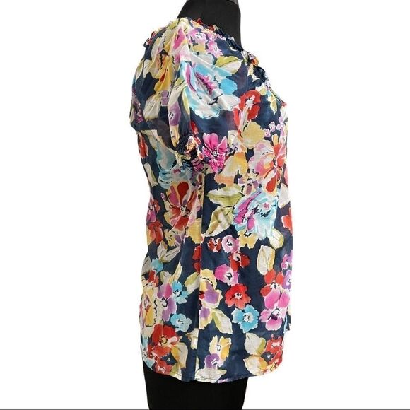 JOIE Floral Peasant Style Smocked Neck Silk Blouse Sz S - Picture 4 of 13